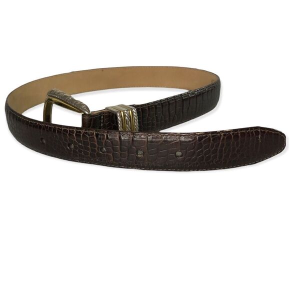 Brighton Croc Embossed Brown Leather Belt with Silver & Gold Tone Buckle Size S - Picture 3 of 7